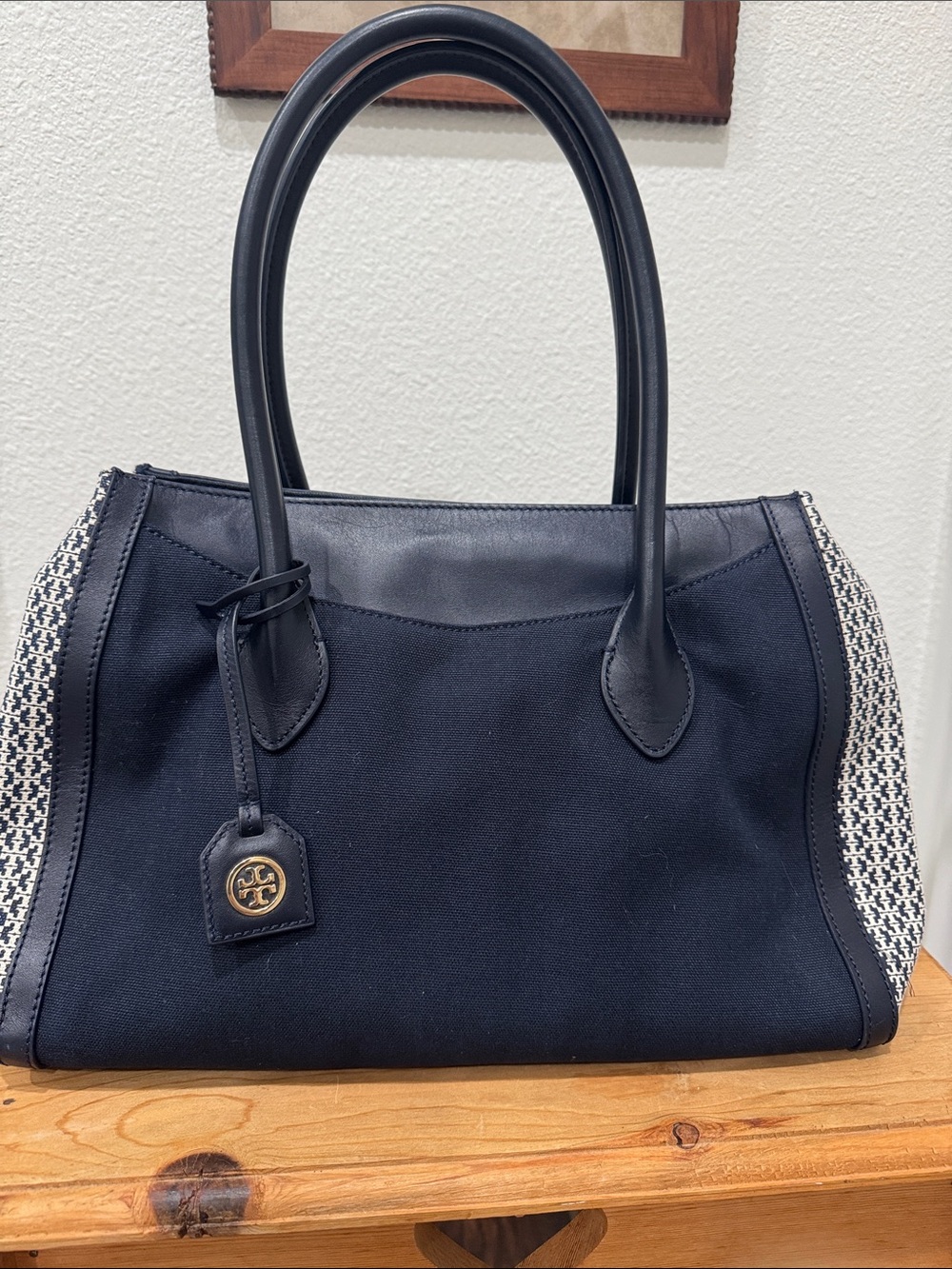 Tory Burch Black Canvas Tote with Woven Side Panels